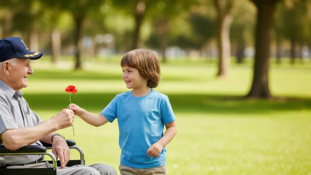 Veterans Day celebration: Little boy offers red poppy flower to a senior war veteran in wheelchair, appreciating his service.