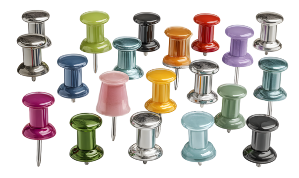 Colorful push pins and metllic tacks isolated on trasparent background; pin se includes single and groupd plastic thumbtacks for ofice, school, or planning oncepts