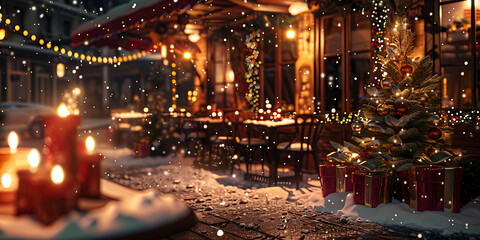 Snowy Christmas cafe exterior with warm lights decorated tree gifts and candles creating cozy festive holiday ambiance