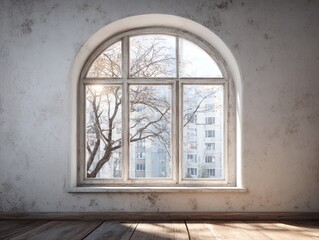 Fototapeta premium A tranquil interior scene featuring a large arched window, showcasing a winter cityscape beyond, bathed in soft, natural light.