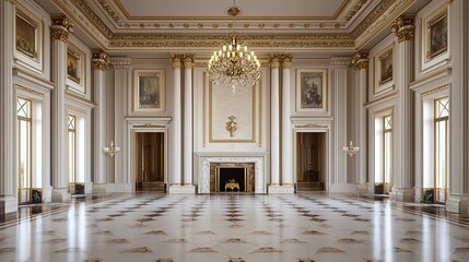 Obraz premium A grand interior space featuring elegant architecture, ornate decorations, and a chandelier, creating a luxurious atmosphere.