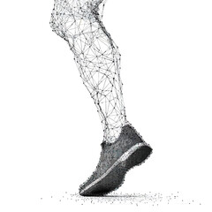 Low poly wireframe leg and foot wearing running shoe in motion with connected dots and lines digital mesh vector illustration for sport and fitness concept design