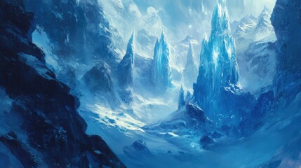 A magnificent winter landscape showcases towering ice formations amidst a snow-covered mountain range.