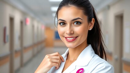 Portrait of a smiling young female doctor with brunette hair symbolized by attach a pink ribbon batch to her uniform representation of women breast cancer