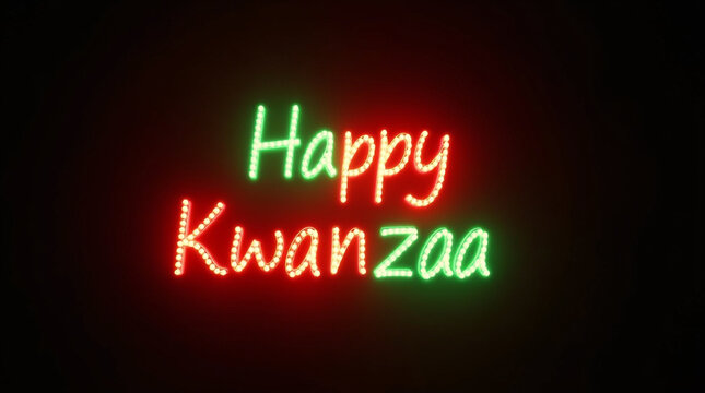A vibrant and festive display of happy kwanzaa in bright neon lights against a dark backdrop, capturing the joyous spirit and cultural significance of the african american holiday - Powered by Adobe
