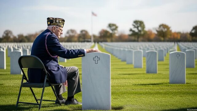 Honoring veterans day with remembrance at gravesite. Veteran sitting at grave is honoring veterans day, expressing grief and respect. Heartfelt tribute on veterans day for a memorial service, - Powered by Adobe