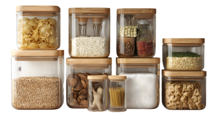 Glass food storage containers with bamboo lids, isolated on transparent background