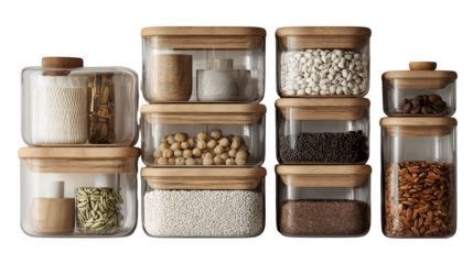 Glass food storage containers with wooden lids, isolated on transparent background