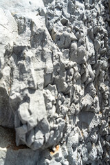 Layered rocks, flysch texture background. Sedimentary rock, striations stone pattern
