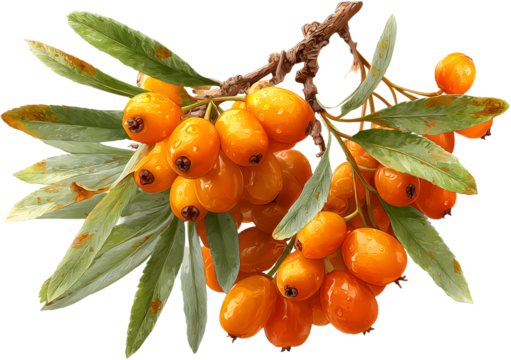 Whole sea buckthorn berrie and branch clusters isolaed on transparent backgroud; buckthorn set includes right orange fruits and gren leaves for wellness or ulinary themes