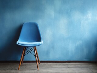 A single vibrant blue chair sits against a textured blue wall, highlighting the interplay of color and form in a simple, empty room.
