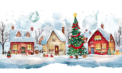 Winter village with snow covered cozy houses and decorated Christmas tree in festive watercolor landscape scene with gifts and lights