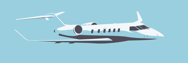 Obraz premium Private jet airplane flying in clear blue sky with sunlight reflections and minimalist flat vector style illustration