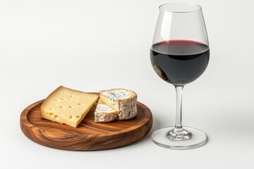 A wooden board holds two types of cheese ? a hard, pale yellow cheese with holes and a creamy, blue-veined cheese. Beside it sits a glass of deep red wine, all on a white background
