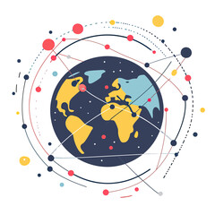 Obraz premium Stylized Earth globe with interconnected orbiting dots and lines symbolizing global network connections and communication systems in flat vector design
