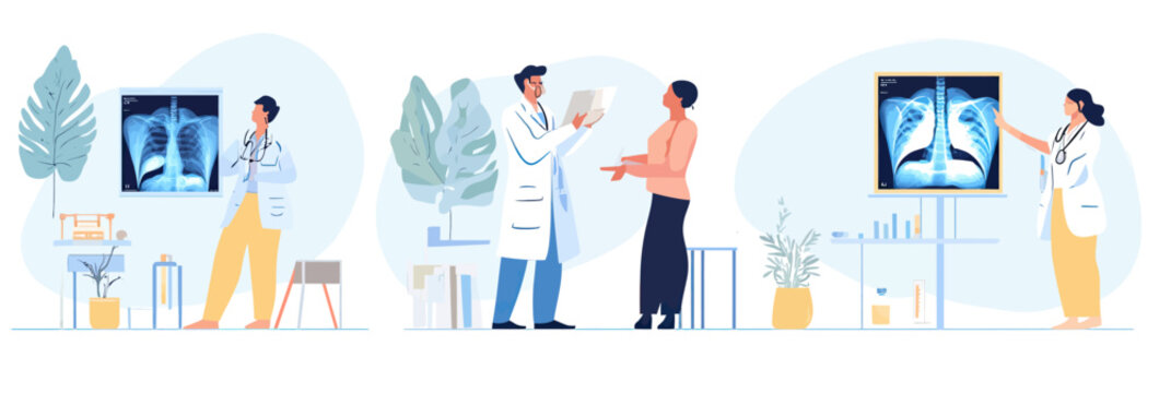 Female doctor analyzing chest x ray and explaining lung health diagnosis to patient in modern medical office digital health care concept flat vector illustration