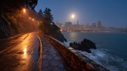 Rainy Night Coastal Path San Francisco Cityscape