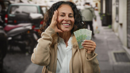 Middle-aged woman holding romanian leu banknotes on a city street, showcasing financial success and...