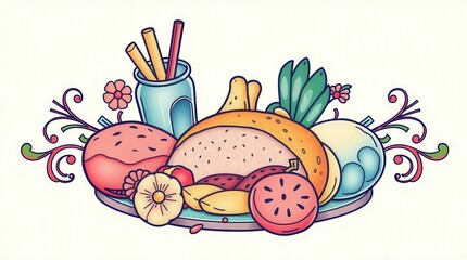 Illustration of an easter bunny with eggs, a vector cartoon set of healthy fruits and vegetables