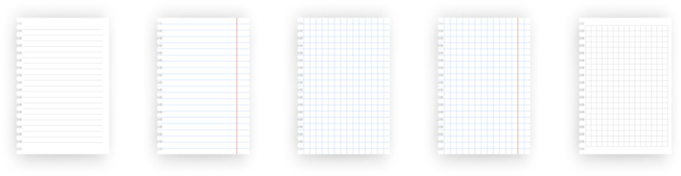 Notebook paper set with spiral ring perforation edge in lined and grid formats. Great for planner inserts, school printables, notepads, and digital journaling pages