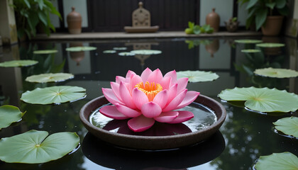 A vibrant pink lotus flower floating on a dark reflective surface with green leaves and decorative elements, capturing the essence of nature and serenity.