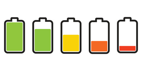 Five battery level indicators showing charge from full to empty isolated on transparent background