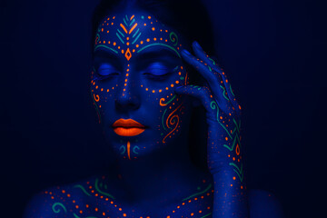 Neon body paint portrait woman, glowing uv makeup artistic concept, fantasy tribal face decoration, fluorescent paint fashion model photography, futuristic beauty design abstract glowing skin art nigh