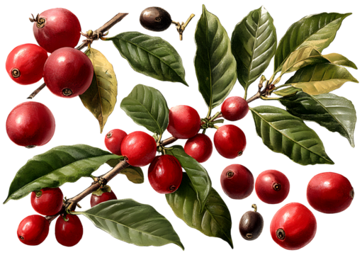 Whole coffee berries and lafy branches isolated on tansparent background; coffe set includes red cherrie, clusters, and glossy gren leaves for food, harvest or beverage themes
