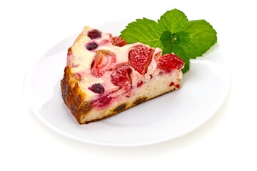 Strawberry Cheesecake Piece, Mint Garnish, isolated on white background