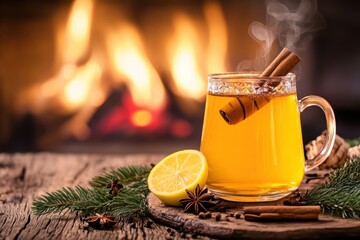 A warm, comforting glass of spiced tea, steaming gently near a crackling fireplace, with cinnamon sticks, lemon, and star anise, creates a cozy winter scene.
