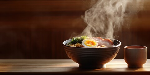 A steaming bowl of ramen with pork, egg, and noodles sits on a wooden table, exuding a warm and inviting atmosphere.