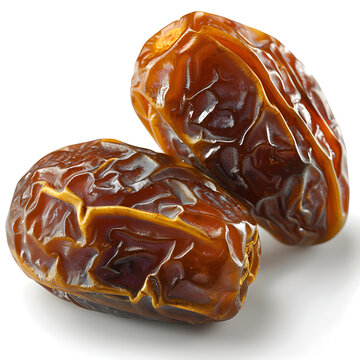 Ultra detailed product style photo of A detailed, close up image of two fresh, dried Barhi Al Madinah dates on a pure white background. The dates are round, golden brown when fresh, turning darker whe