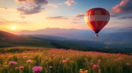 Fototapeta premium Hot air balloon over mountain wildflowers at sunrise
