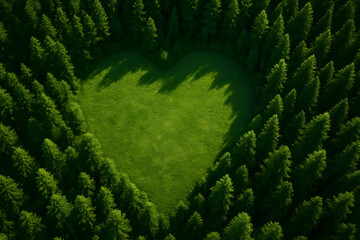 Heart shaped forest landscape seen from above with lush green trees forming love symbol, aerial nature environment concept, eco friendly sustainability message, natural harmony conservation background