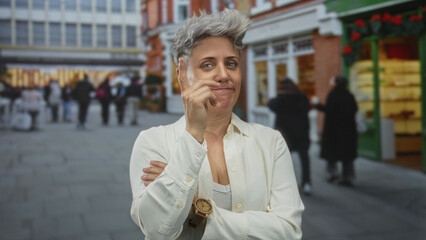 Obraz premium Woman in white button shirt pointing finger on busy street with wooden wristwatch visible; confidence pride.