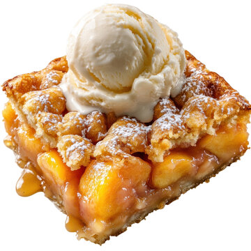 Delicious peach cobbler slice topped with vanilla ice cream and powdered sugar a tempting dessert perfect for summer baking and sweet treats enjoyment on transparent background
