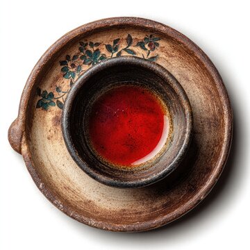 A rustic, hand-painted ceramic bowl, filled with a deep red liquid, sits atop a larger, similarly-decorated plate