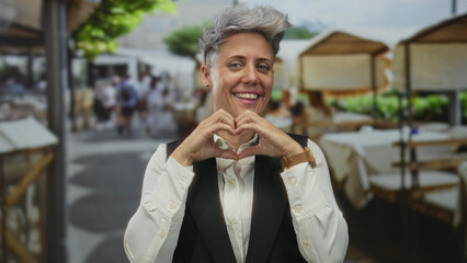 Smiling caucasian woman with short hair forms heart shape with hands on a sunlit restaurant terrace outdoors; love.