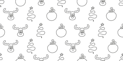 Doodle Christmas Wrapping paper. One line vector Christmas tree reindeer XMAS ball seamless pattern isolated transparent background. Perfect textile wallpaper print Wrap paper template design Editable