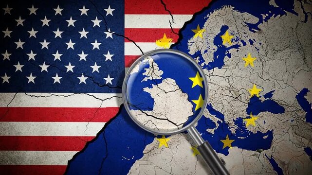 United states and europe map divided with cracks and a magnifying glass over the united kingdom