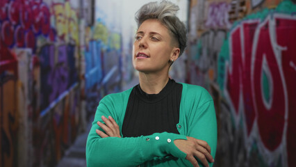 Woman with short haircut wearing green cardigan crosses her arms before a graffiti wall in a city street; rejection.