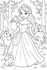 Enchanting princess with friendly forest creatures in a magical woodland scene