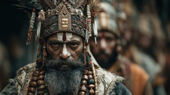 Mystic Gaze of a Tribal Elder with Decorated Headdress and Painted Forehead