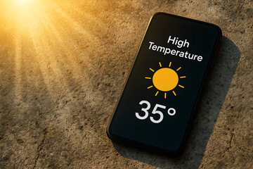 High temperature weather alert on smartphone screen showing 35 degree heat warning, mobile phone climate change concept, extreme summer heatwave monitoring app display, global warming risk notificatio