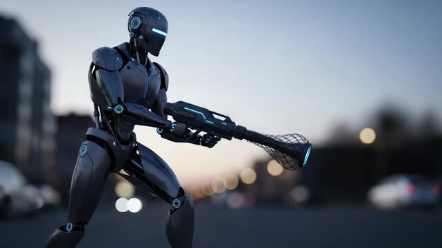Futuristic robot armed with advanced rifle on city street, showcasing cutting edge technology. Concept futuristic robot shows complex robotic design, detailed textures, and city background.