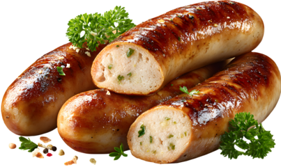 Traditional Weisswurst sauages shown whole, sliced ad cross-sectioned, isolate on transparent background Oktoberfest clipart set fr authentic Bavarian food isuals