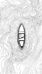 Minimalist single rowboat glides through wavy water, serene journey, serene escape, peaceful voyage