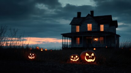 Haunted house with glowing jack-o-lanterns at sunset on Halloween night