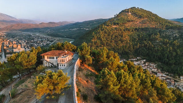 Drone Landscape of Berat Castle on Forested Hill