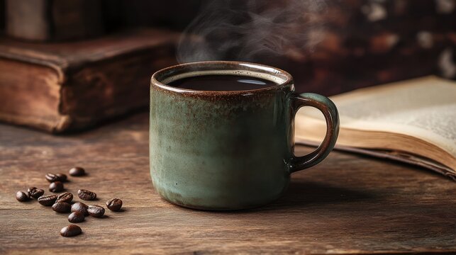 A steaming mug of dark coffee sits beside an open book on a rustic wooden surface, filled with the aroma of freshly brewed coffee.